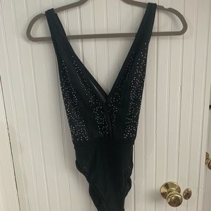 Silver Beaded Black Deep V Body Suit